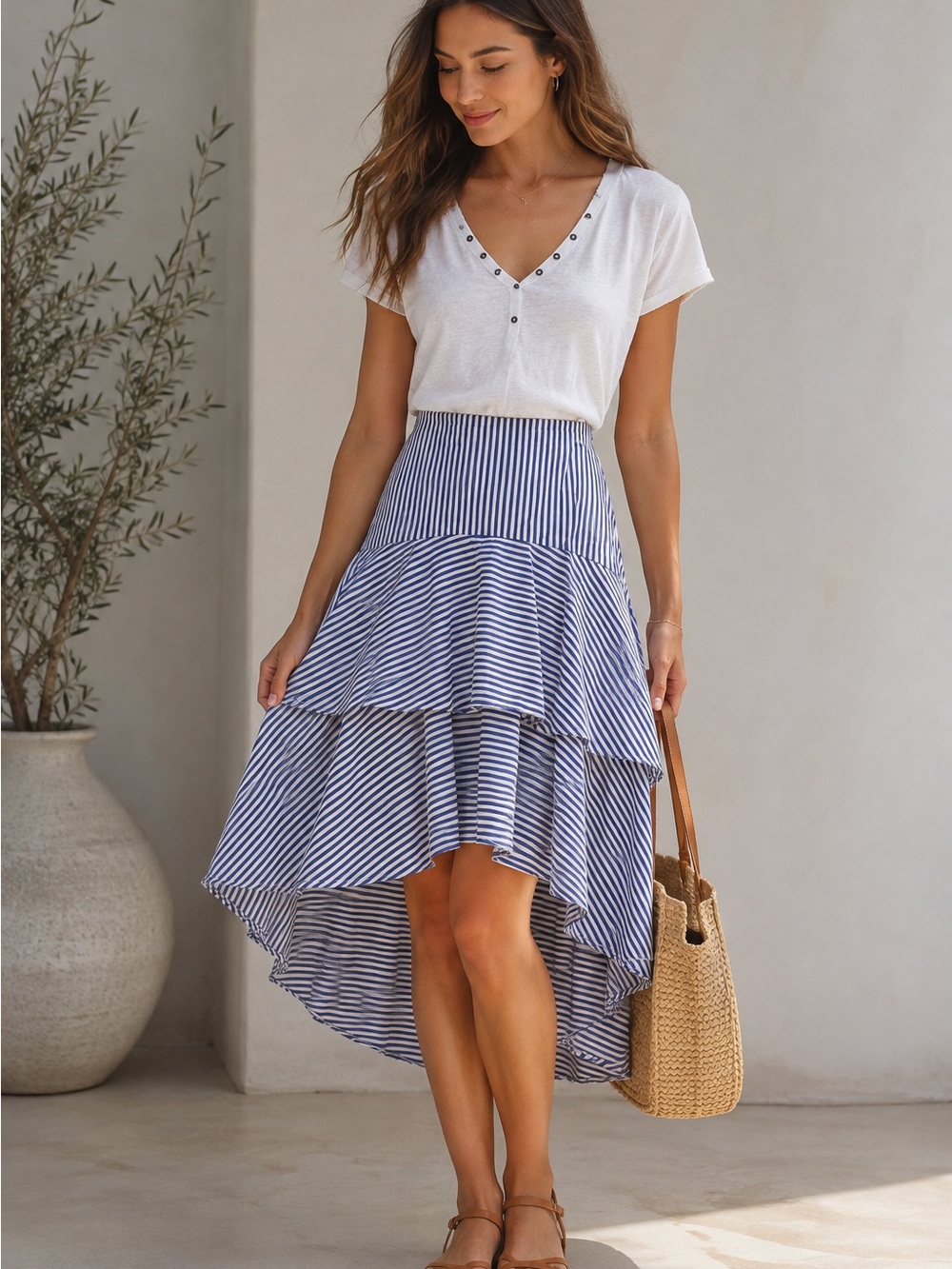 Banana Republic Blue and White Striped High-Low Tiered Skirt